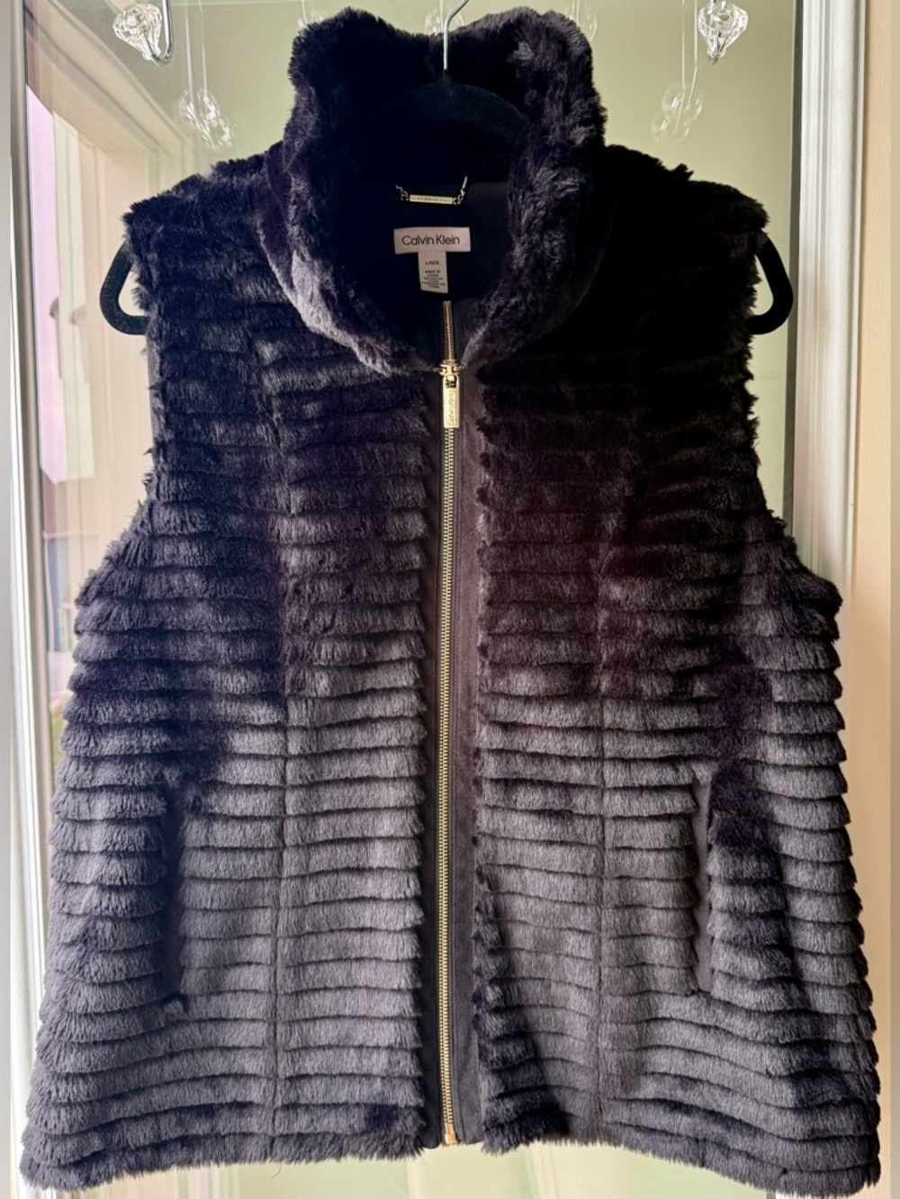 Calvin Klein Black Ribbed Faux Fur Zip Vest